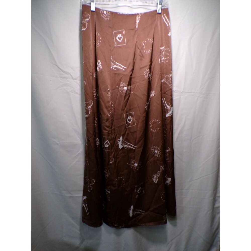 Women's Brown Western Print Satin Maxi Skirt Size M Casual Pull On